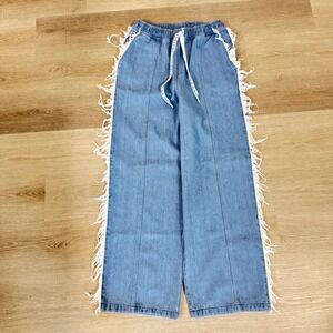 Adidas Ksenia Schnaider Denim Fray Jean Womens L Blue Wide Leg Pants II5704